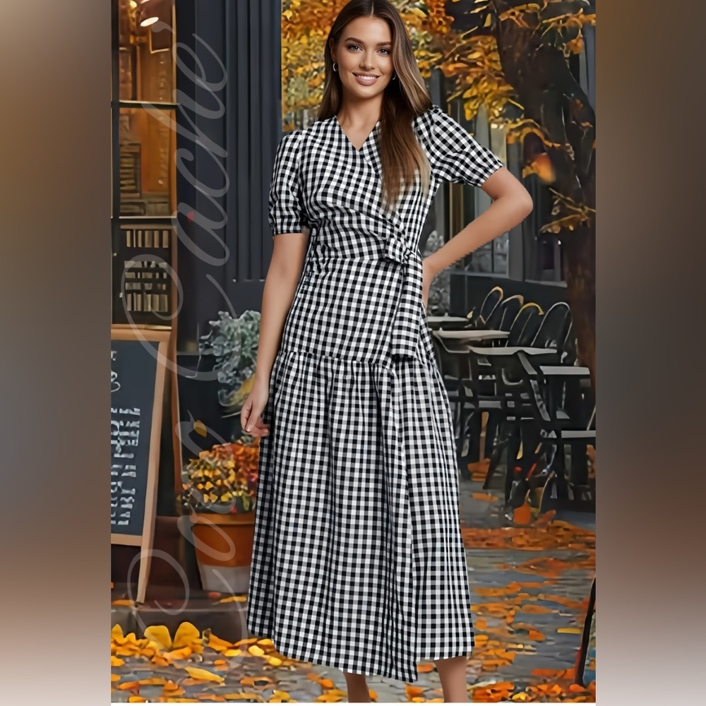 Casual Black and White Gingham Short Sleeves Wrap Fall Dress
